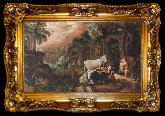 framed  Roelant Savery Herders resting and watering their animals by a set of ruins, ta009-2